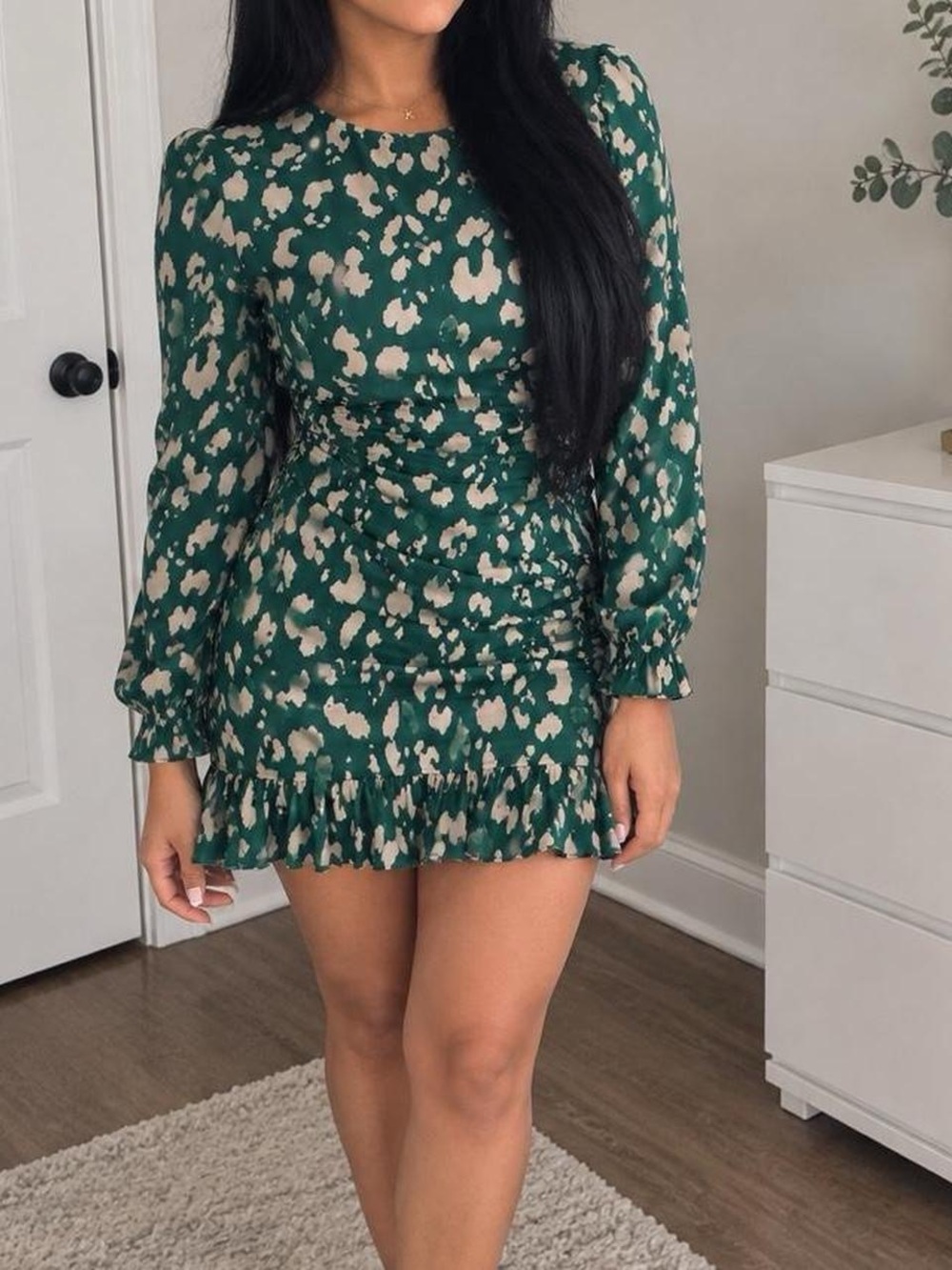 SHEIN Green and Cream Floral Ruffle Hem Long Sleeve Dress